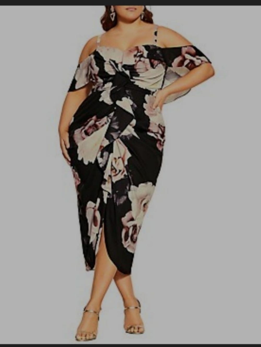 City Chic Asymmetrical Dress in Black and Pink Floral